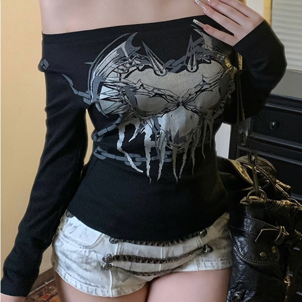 Black Long Sleeve Graphic Off-Shoulder Top